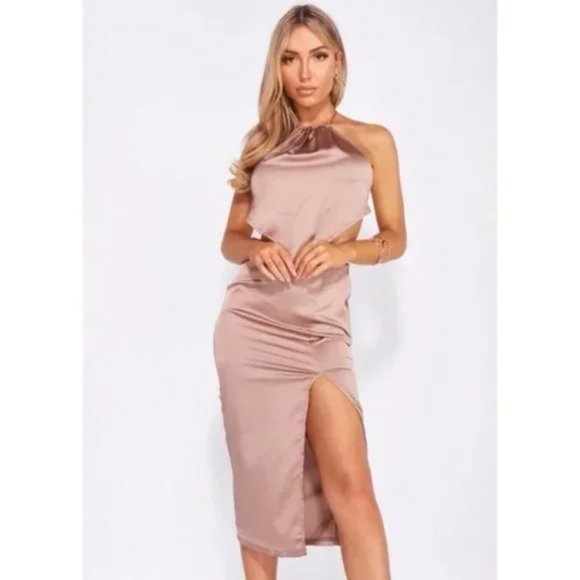 Nude Satin Halter Neck Backless Handkerchief Top and Front Silt Midi Skirt Set - Picture 5 of 17
